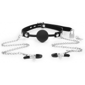 Черный кляп-шарик с зажимами на соски на металлической цепочке - Notabu - купить с доставкой в Королеве