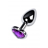 Серебристая коническая анальная пробка с фиолетовым кристаллом-сердечком - 7 см. - ToyFa - купить с доставкой в Королеве