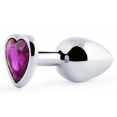 Серебристая анальная пробка с фиолетовым кристаллом-сердечком - 8 см. - Anal Jewelry Plug - купить с доставкой в Королеве