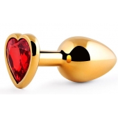 Золотистая анальная пробка с красным стразом-сердечком - 8 см. - Anal Jewelry Plug - купить с доставкой в Королеве