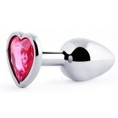 Серебристая анальная пробка с розовым кристаллом-сердечком - 7 см. - Anal Jewelry Plug - купить с доставкой в Королеве