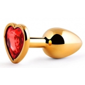 Золотистая анальная пробка с красным стразом-сердечком - 7 см. - Anal Jewelry Plug - купить с доставкой в Королеве