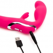 Ярко-розовый безремневой страпон Rechargeable Vibrating Strapless Strap-On - Happy Rabbit - купить с доставкой в Королеве