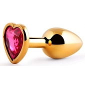 Золотистая анальная пробка с малиновым кристаллом-сердечком - 7 см. - Anal Jewelry Plug - купить с доставкой в Королеве