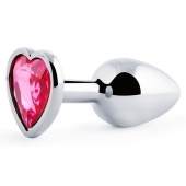 Серебристая анальная пробка с малиновым кристаллом-сердечком - 7 см. - Anal Jewelry Plug - купить с доставкой в Королеве