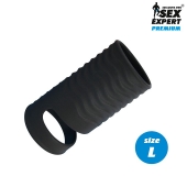 Черная открытая насадка на пенис с кольцом для мошонки L-size - 8,5 см. - Sex Expert - в Королеве купить с доставкой