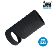 Черная открытая насадка на пенис с кольцом для мошонки XXL-size - 9,4 см. - Sex Expert - в Королеве купить с доставкой