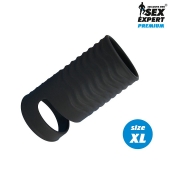 Черная открытая насадка на пенис с кольцом для мошонки XL-size - 8,9 см. - Sex Expert - в Королеве купить с доставкой