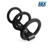 Черное тройное эрекционное кольцо с ремешком - Sex Expert - в Королеве купить с доставкой