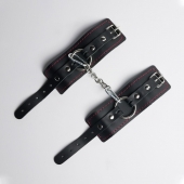 Черные кожаные наручники с красной строчкой - Crazy Handmade - купить с доставкой в Королеве