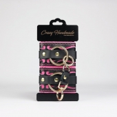 Черные кожаные наручники с розовой строчкой - Crazy Handmade - купить с доставкой в Королеве