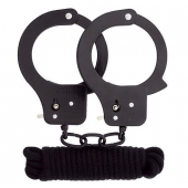 Чёрные наручники из листового металла в комплекте с веревкой BONDX METAL CUFFS LOVE ROPE SET - Dream Toys - купить с доставкой в Королеве