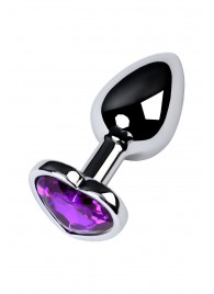 Серебристая коническая анальная пробка с фиолетовым кристаллом-сердечком - 7 см. - ToyFa - купить с доставкой в Королеве