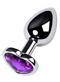 Серебристая коническая анальная пробка с фиолетовым кристаллом-сердечком - 7 см. - ToyFa - купить с доставкой в Королеве