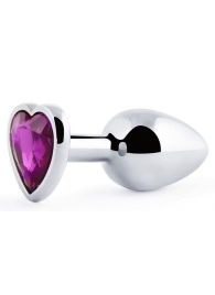 Серебристая анальная пробка с фиолетовым кристаллом-сердечком - 8 см. - Anal Jewelry Plug - купить с доставкой в Королеве