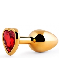 Золотистая анальная пробка с красным стразом-сердечком - 8 см. - Anal Jewelry Plug - купить с доставкой в Королеве