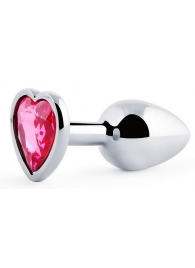 Серебристая анальная пробка с розовым кристаллом-сердечком - 7 см. - Anal Jewelry Plug - купить с доставкой в Королеве