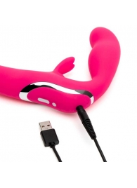 Ярко-розовый безремневой страпон Rechargeable Vibrating Strapless Strap-On - Happy Rabbit - купить с доставкой в Королеве
