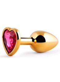 Золотистая анальная пробка с малиновым кристаллом-сердечком - 7 см. - Anal Jewelry Plug - купить с доставкой в Королеве