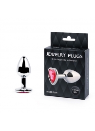 Серебристая анальная пробка с малиновым кристаллом-сердечком - 7 см. - Anal Jewelry Plug - купить с доставкой в Королеве