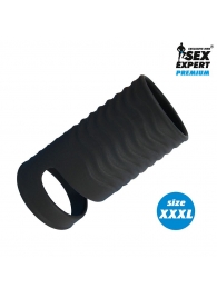 Черная открытая насадка на пенис с кольцом для мошонки XXXL-size - 9,9 см. - Sex Expert - в Королеве купить с доставкой