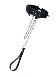 Черный кожаный ошейник-воротник с поводком - Pecado - купить с доставкой в Королеве