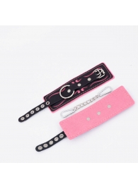 Черно-розовые кожаные наручники с розовой строчкой - Crazy Handmade - купить с доставкой в Королеве