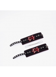 Черные кожаные наручники с красным декором и строчкой - Crazy Handmade - купить с доставкой в Королеве