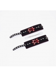 Черные кожаные наручники с красным декором и строчкой - Crazy Handmade - купить с доставкой в Королеве