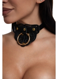 Черный фигурный кожаный ошейник с золотистой фурнитурой - Crazy Handmade - купить с доставкой в Королеве