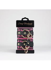 Черные кожаные наручники с розовой строчкой - Crazy Handmade - купить с доставкой в Королеве