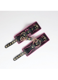 Черные кожаные наручники с розовой строчкой - Crazy Handmade - купить с доставкой в Королеве