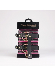 Черные кожаные оковы с розовой строчкой - Crazy Handmade - купить с доставкой в Королеве