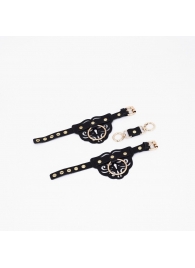 Черные кожаные наручники с клепками, кольцами и золотистой фурнитурой - Crazy Handmade - купить с доставкой в Королеве