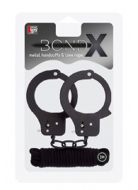Чёрные наручники из листового металла в комплекте с веревкой BONDX METAL CUFFS LOVE ROPE SET - Dream Toys - купить с доставкой в Королеве