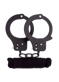 Чёрные наручники из листового металла в комплекте с веревкой BONDX METAL CUFFS LOVE ROPE SET - Dream Toys - купить с доставкой в Королеве
