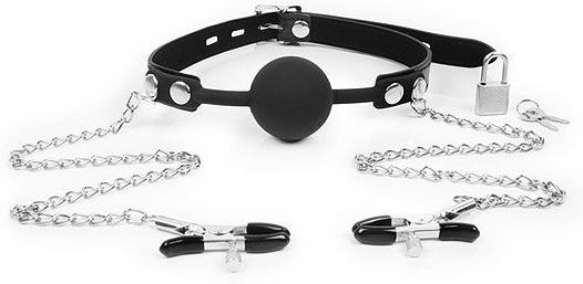 Черный кляп-шарик с зажимами на соски на металлической цепочке - Notabu - купить с доставкой в Королеве