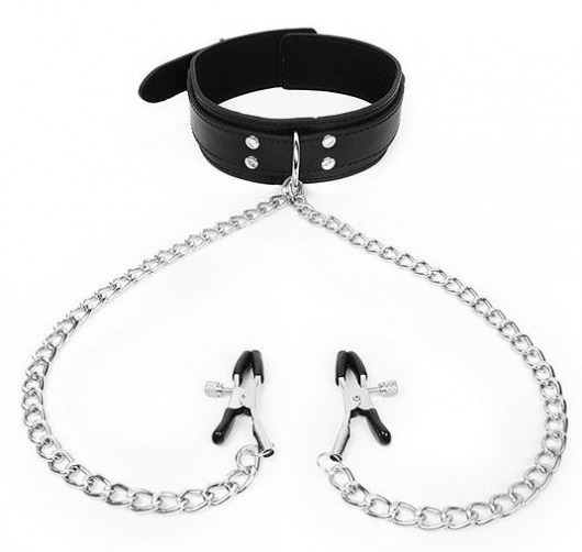 Черный ошейник с зажимами на соски на цепочке - Notabu - купить с доставкой в Королеве