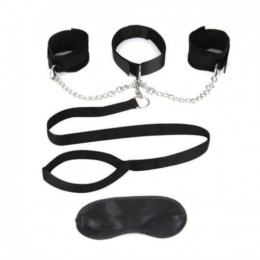 Чёрный ошейник с наручниками и поводком Collar Cuffs   Leash Set - Lux Fetish - купить с доставкой в Королеве