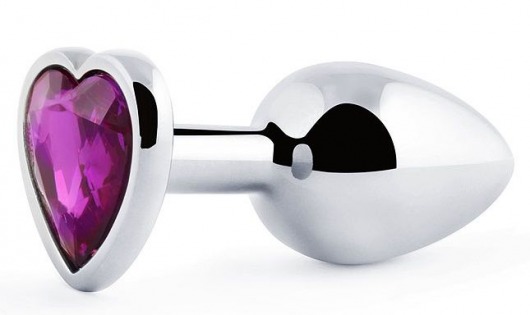 Серебристая анальная пробка с фиолетовым кристаллом-сердечком - 8 см. - Anal Jewelry Plug - купить с доставкой в Королеве