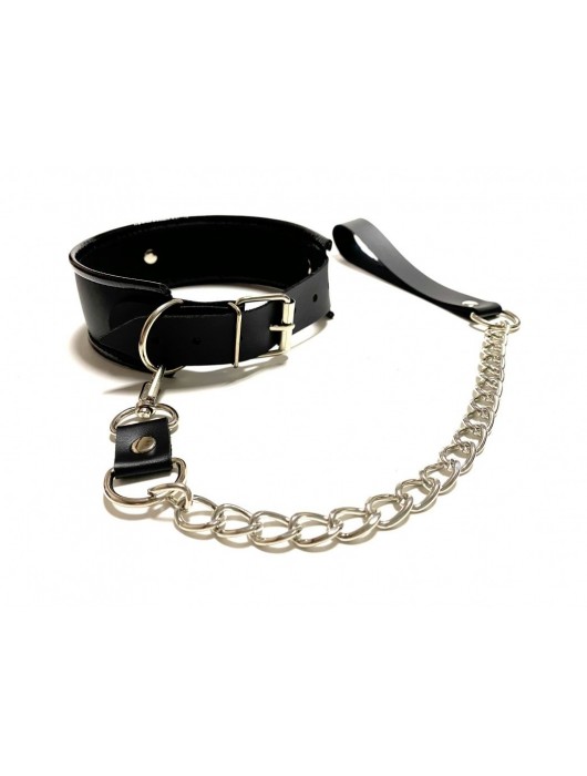 Черный ошейник с поводком из эко-кожи - БДСМ Арсенал - купить с доставкой в Королеве