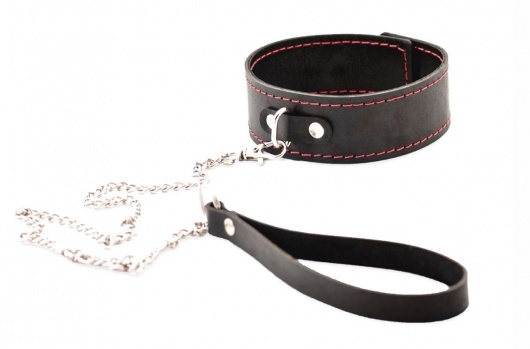 Черный широкий ошейник с красной строчкой и поводком - Crazy Handmade - купить с доставкой в Королеве