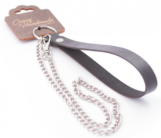 Серебристый металлический поводок с кожаной черной ручкой - 80 см. - Crazy Handmade - купить с доставкой в Королеве