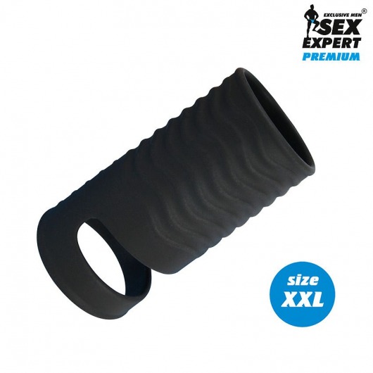 Черная открытая насадка на пенис с кольцом для мошонки XXL-size - 9,4 см. - Sex Expert - в Королеве купить с доставкой