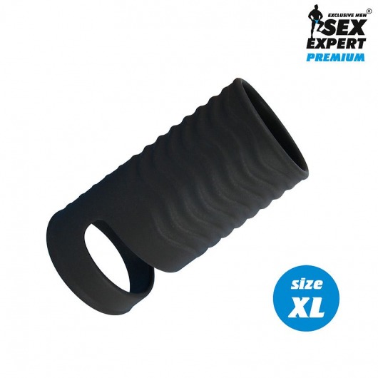 Черная открытая насадка на пенис с кольцом для мошонки XL-size - 8,9 см. - Sex Expert - в Королеве купить с доставкой