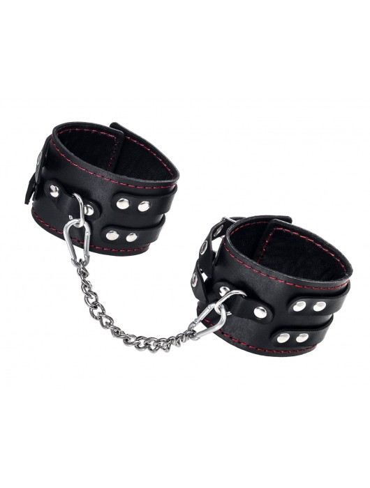 Черные кожаные оковы с двумя ремнями и контрастной строчкой - Pecado - купить с доставкой в Королеве