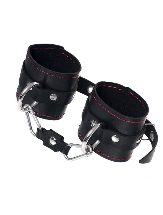 Черные кожаные однослойные наручники с контрастной строчкой - Pecado - купить с доставкой в Королеве