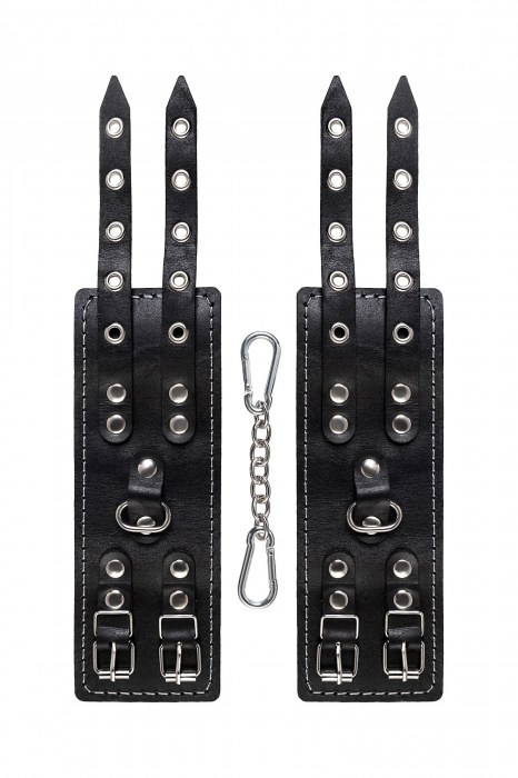 Черные кожаные наручники с двумя ремнями и красной подкладкой - Pecado - купить с доставкой в Королеве