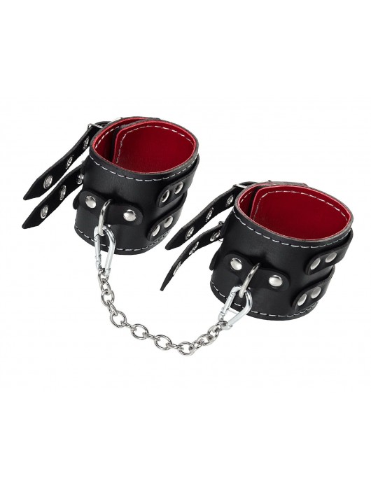 Черные кожаные оковы с двумя ремнями и красной подкладкой - Pecado - купить с доставкой в Королеве