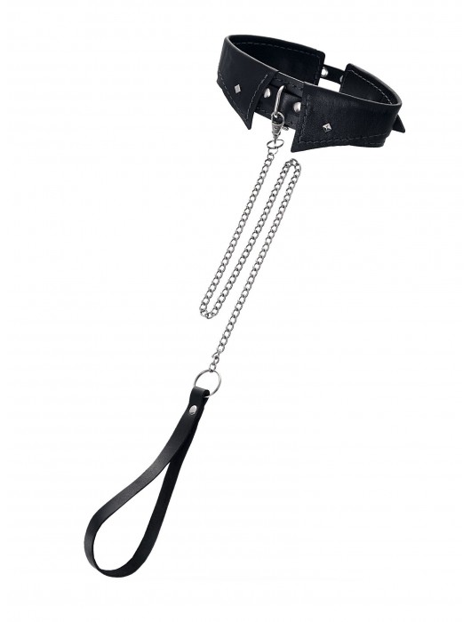 Черный кожаный ошейник-воротник с поводком - Pecado - купить с доставкой в Королеве